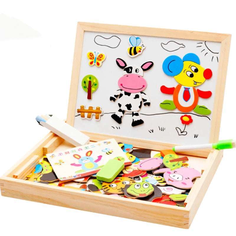 Wooden Multifunction Children Animal Puzzle Writing Magnetic Drawing Board Blackboard Learning Education Toys For Kids