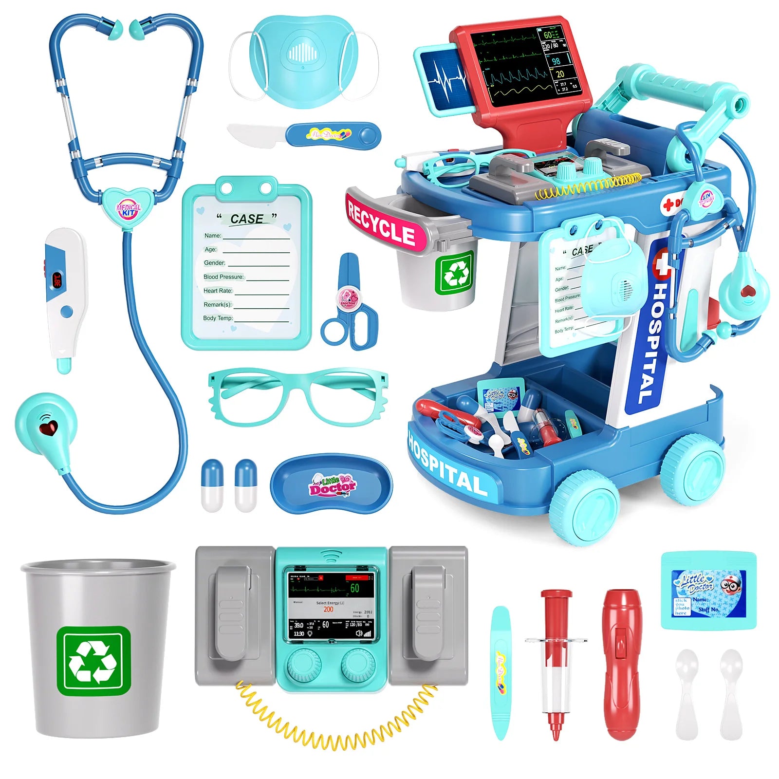 Children's Doctor Toy Simulation Tool Set for Girls with Luggage Rolling Case to Play as Nurse and Give Injections with Stethosc